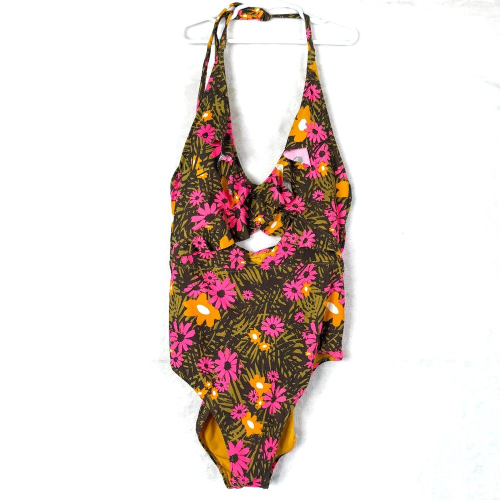 Aerie Floral Ruffle Halter Cutout One Piece Full Coverage Swimsuit Womens M Long